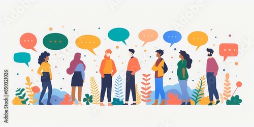 DEI Illustration of diverse people with speech bubbles engaging in conversation, symbolizing social media communication and interaction on a white background