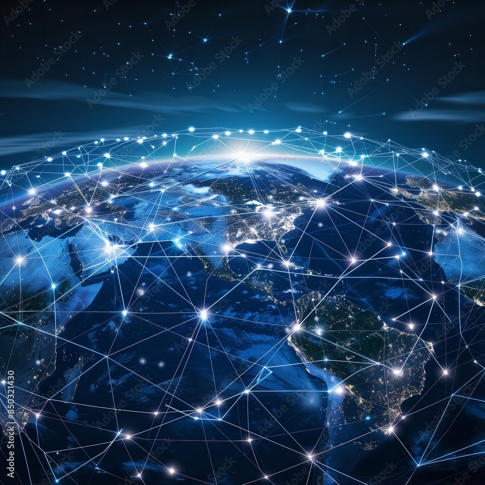 Interconnected world, global network, data streams, advanced technology, unified communication, whole globe Interconnected world, global network, data streams, advanced technology, unified communication, whole globe
