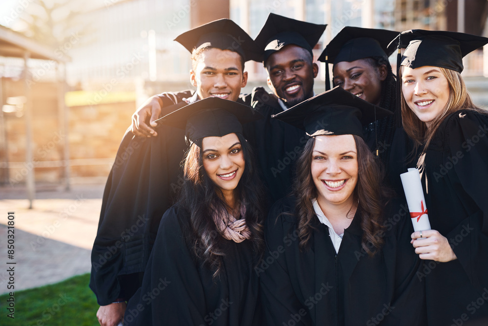 Students, university and portrait of friends for graduation, ceremony and academic success. College, diversity and happy men and women on campus with achievement for education, learning and studying