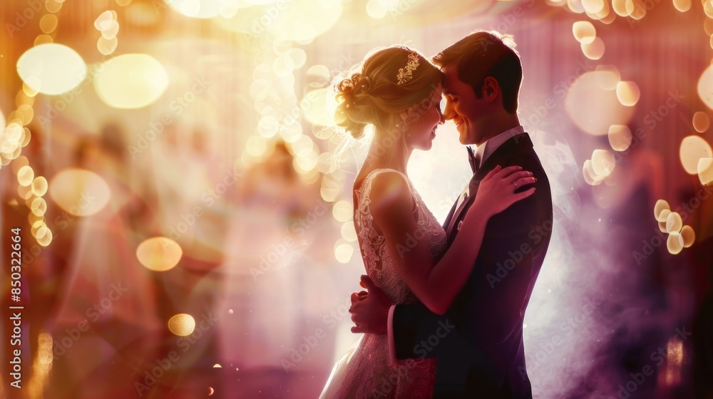 A bride and groom are embracing each other in a wedding party A bride and groom are embracing each other in a wedding party