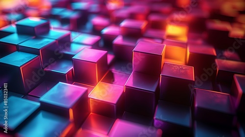 Volumetric pentagons with inner gradients, vibrant neon colors, dark background, hd quality, digital art, high contrast, geometric precision, modern design, artistic composition, dynamic and lively.