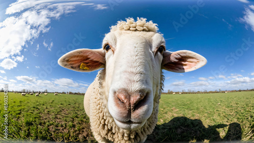 Happy lamb, small sheep face looking frank and cute, headshot in front view, green grass and blue sky photo