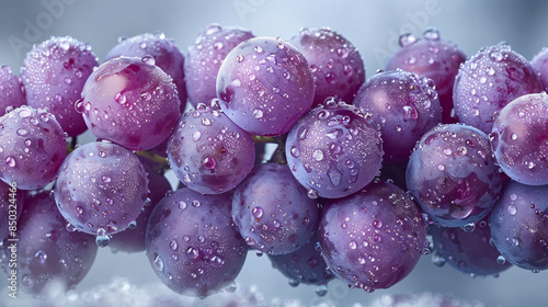 A loose cluster of purple grapes with a slight dusting of green appears suspended in mid-air against a cool gray background, 