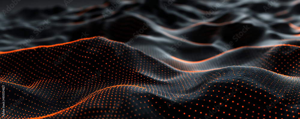 Abstract black dark background with orange dots and lines, creating a ...