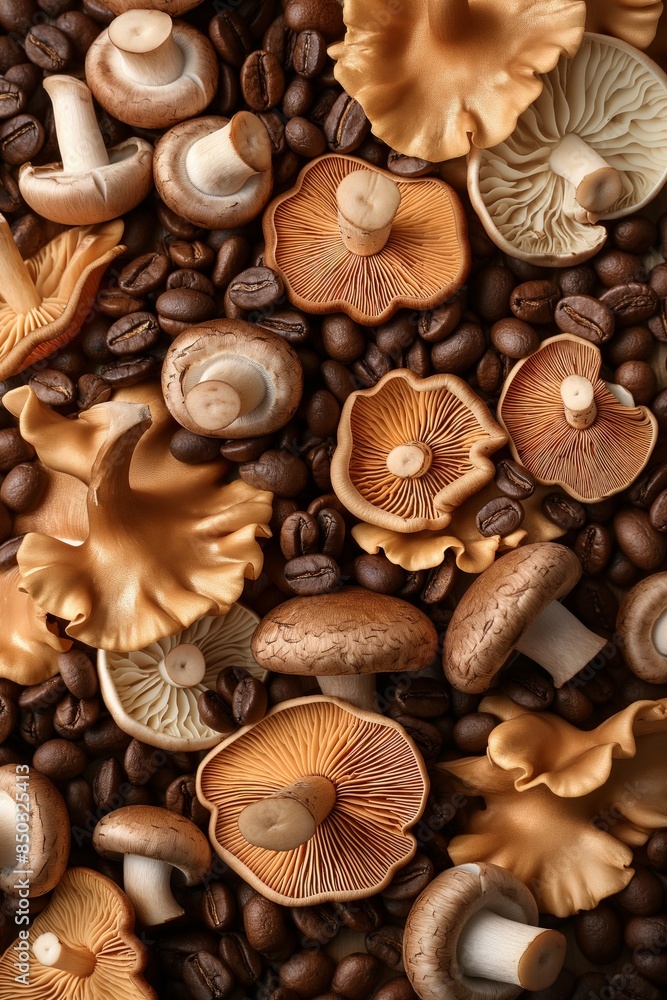 Assorted edible mushrooms and coffee beans spread out, showcasing a variety of textures and colors Assorted edible mushrooms and coffee beans spread out, showcasing a variety of textures and colors