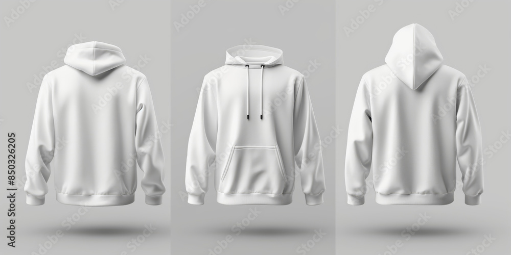White Hoodie Displayed From Different Angles Featuring Drawstrings And Front Pocket, Mockup White Hoodie Displayed From Different Angles Featuring Drawstrings And Front Pocket, Mockup