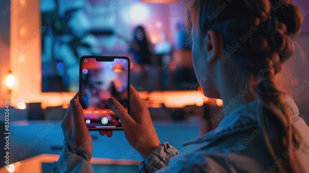 Obraz premium Digital Delight: Tech Influencer Unboxing Latest Smartphone in Engaging Social Media Campaign Setting