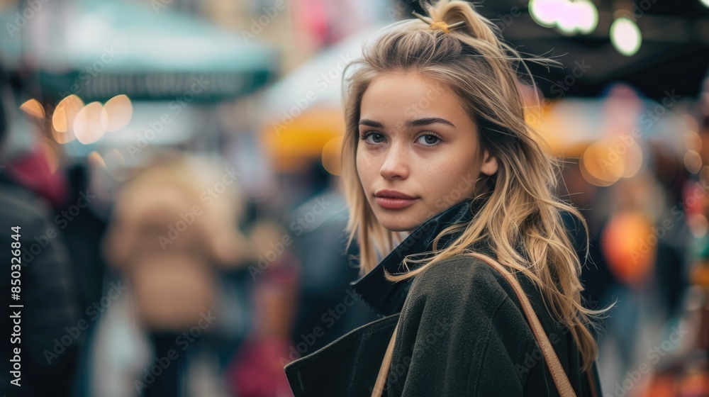 Fashionable Young Woman with Trendy Handbag in Busy Market - Vibrant Lifestyle Branding Image Fashionable Young Woman with Trendy Handbag in Busy Market - Vibrant Lifestyle Branding Image