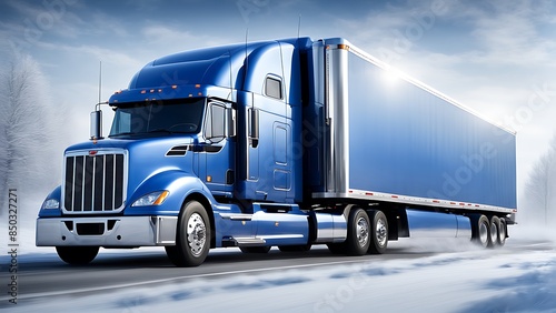 Big blue semi-guard rig grille refrigerator truck transporting frozen cargo, with spoiler trailer skirt, running straight road, hauler freight trucking transportation.