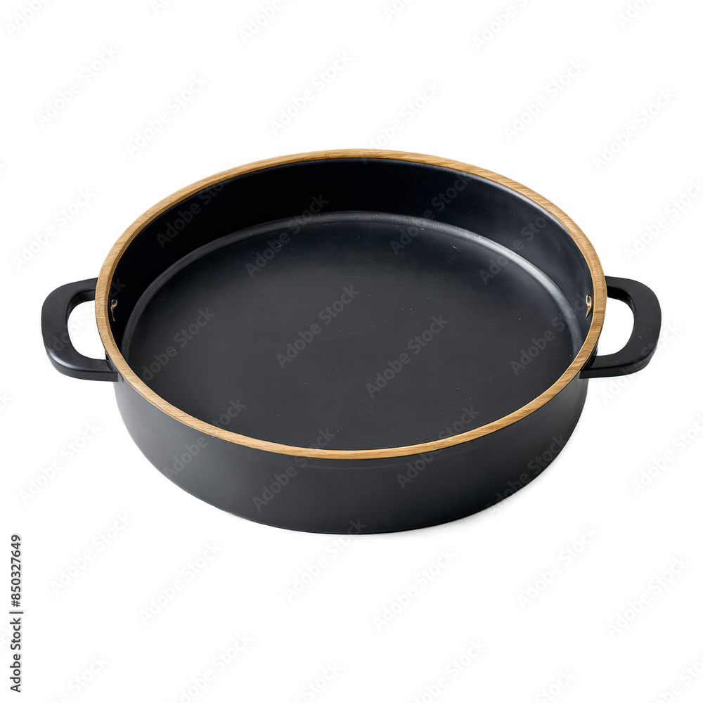 A black paella pan with contrasting wooden handles, displayed on a transparent, white background ideal for png format A black paella pan with contrasting wooden handles, displayed on a transparent, white background ideal for png format