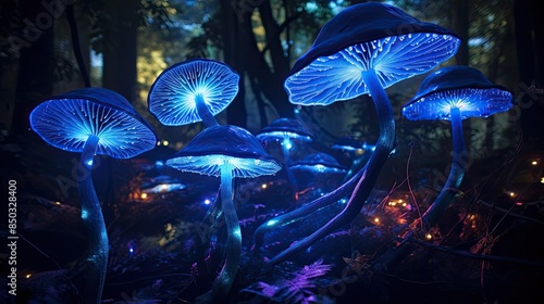 Ethereal glow of bioluminescent mushrooms photo