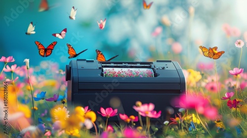 A vintage printer in a colorful field of wildflowers, vibrant full-color images being printed, butterflies fluttering around, serene natural environment photo