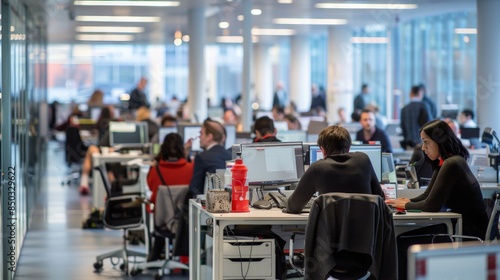 The photo shows a busy office environment with people working at their desks.