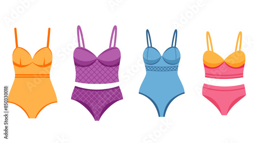 Summer fashion swimsuits  collection.  Swimming wear set. Bathing suits colorful