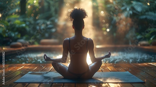 An Asian woman with flawless skin practicing yoga on a wooden deck in a spa garden. She is in a meditative pose, with the lush greenery and natural light enhancing her healthy, serene look. List of photo
