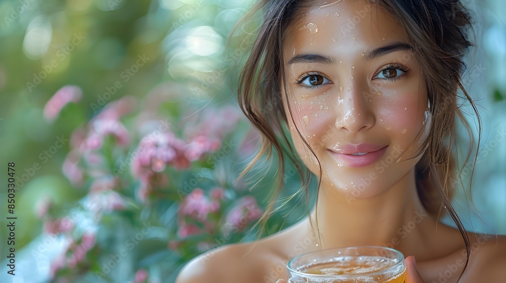 An image of an Asian woman with a fresh, dewy complexion, holding a bowl of natural ingredients like honey and herbs used in her spa treatment. She smiles warmly at the camera, exuding health and An image of an Asian woman with a fresh, dewy complexion, holding a bowl of natural ingredients like honey and herbs used in her spa treatment. She smiles warmly at the camera, exuding health and