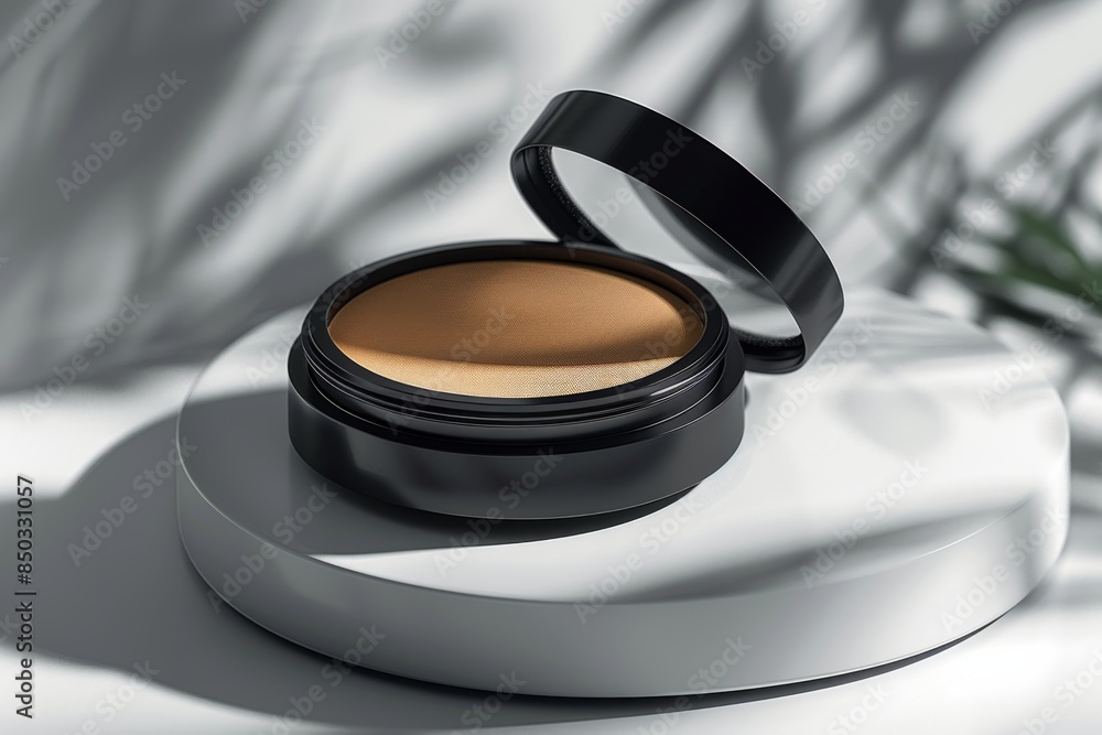 Open case compact powder isolated on white podium for make-up female and cosmetic advertisement. Open case compact powder isolated on white podium for make-up female and cosmetic advertisement.