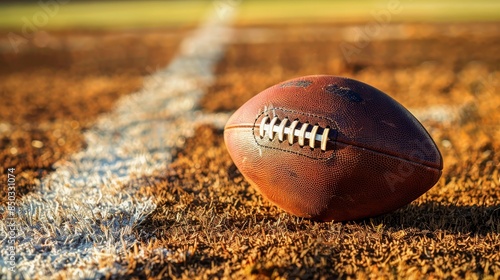 American football on a white chalk-lined field, focusing on white lacing and stripes, detailed textured brown surface, bright and sunny day photo