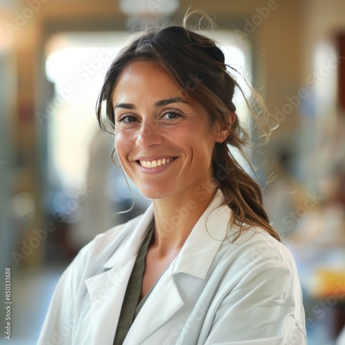 Woman in Lab Coat Smiling for Camera