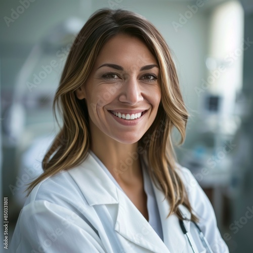 Smiling Woman in White Lab Coat