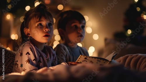 Two children are sitting on a bed and looking at something with wonder in their eyes