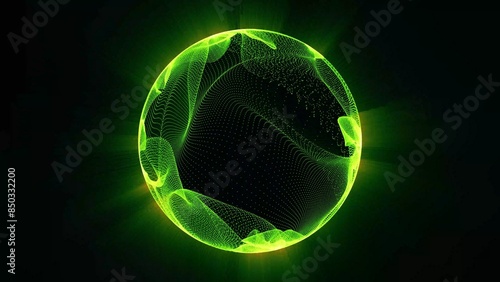 Abstract energy sphere of particles and waves of magical glow on a dark background