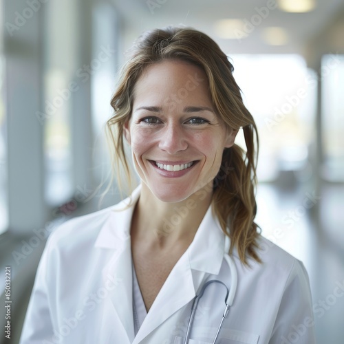 Smiling Woman in White Lab Coat