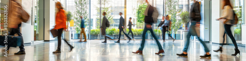 Diverse group of business people is walking in modern office building