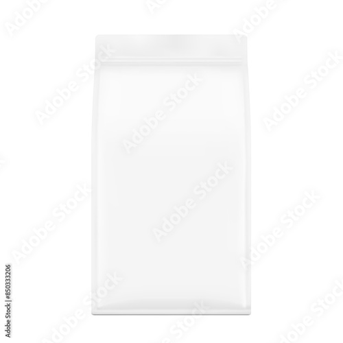 Vertical flat bottom gusset bag with zip lock mockup for food, sport nutrition. Front view. Vector illustration isolated on white background. Can be use for template your design. EPS10.