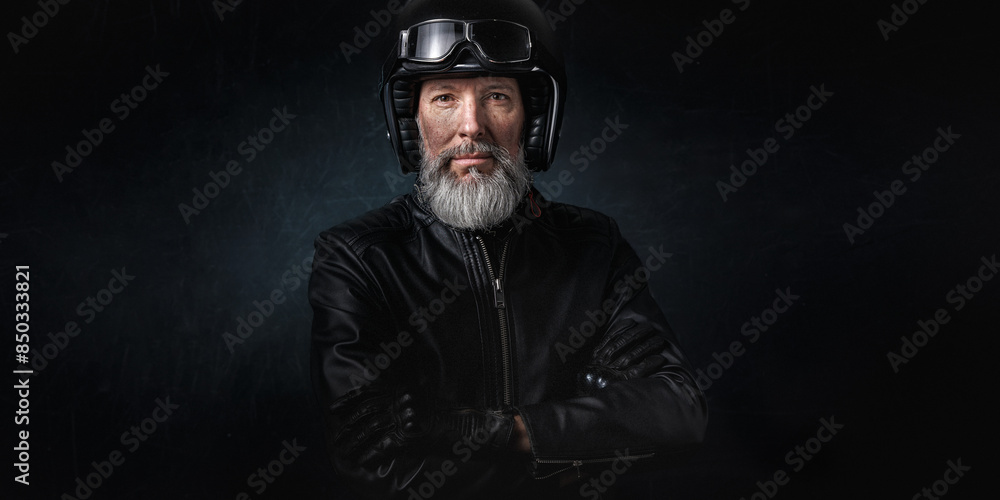 Portrait d'un motard homme avec un casque noir et une veste en cuir et des lunettes de protection et une barbe grise vintage Portrait d'un motard homme avec un casque noir et une veste en cuir et des lunettes de protection et une barbe grise vintage