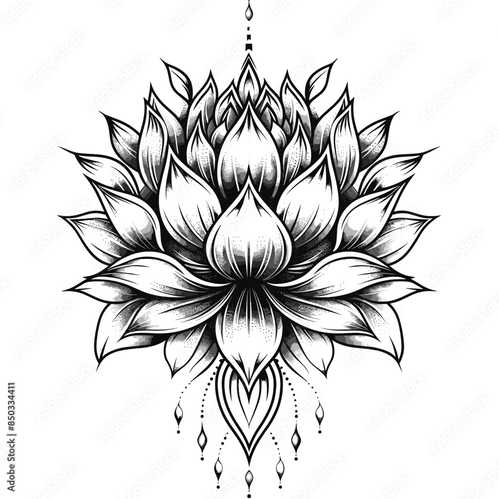 Fototapeta premium beautiful lotus flower on a white background black and white vector illustration in tattoo style