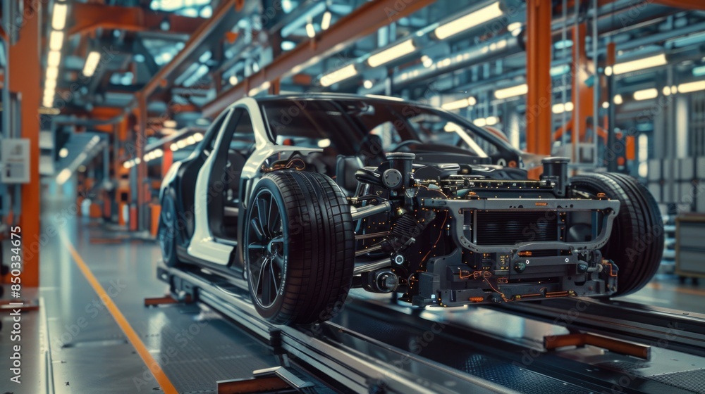 Fototapeta premium Photo of automobile production line. Welding car body. Modern car assembly plant. Auto industry. High-tech factory