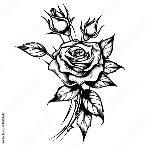 black and white vector illustration in tattoo style - rose on a white background
