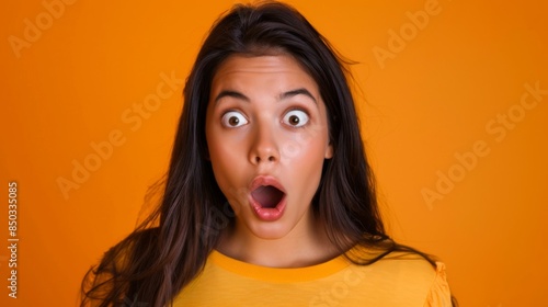 young woman shocked on orange background