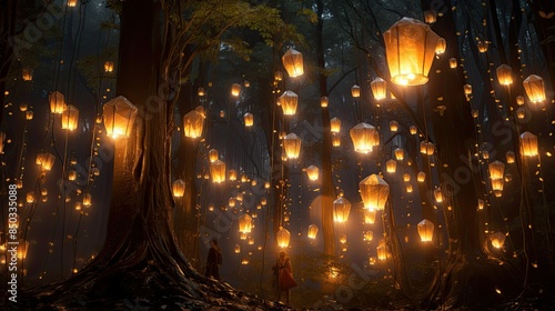 Magical glow from lanterns in forest clearing