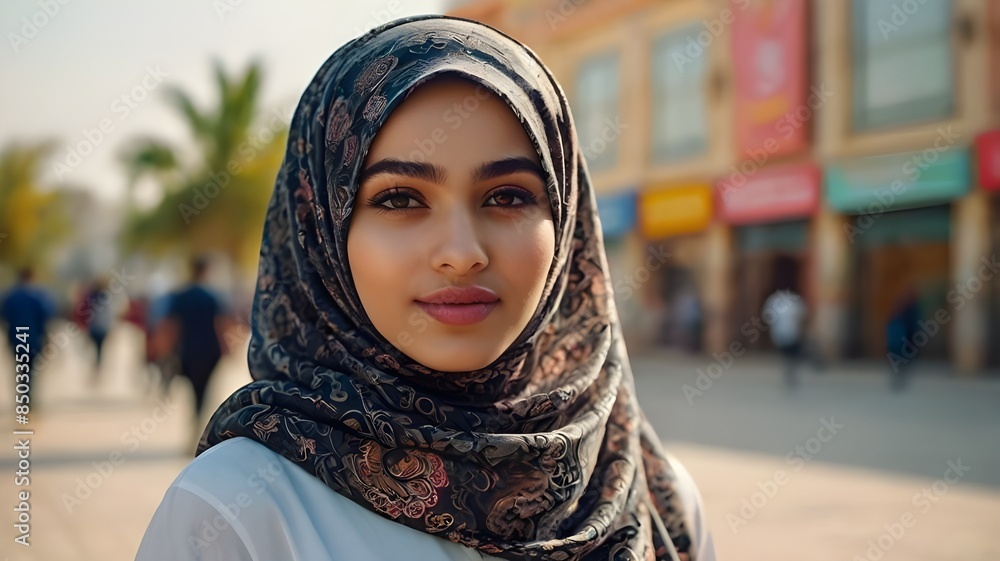 Portrait of a woman in the city, A beautiful Muslim girl in a hijab on a blurred background in close-up. A banner with a place for text. Portrait of a woman in the city, A beautiful Muslim girl in a hijab on a blurred background in close-up. A banner with a place for text.