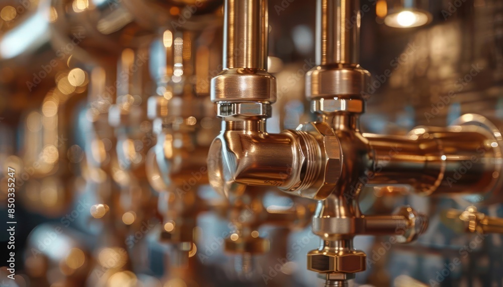 Close-up of industrial brass pipes and valves in a brewery or distillery, reflecting warm light and showcasing intricate details. Close-up of industrial brass pipes and valves in a brewery or distillery, reflecting warm light and showcasing intricate details.