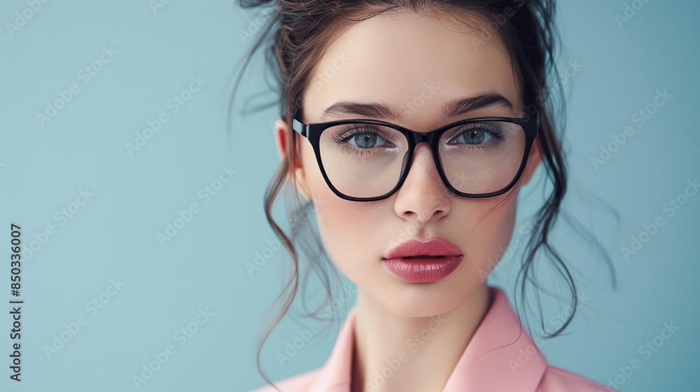 Close up of Beautiful fashionable woman wearing trendy sunglasses and suit on blue background.