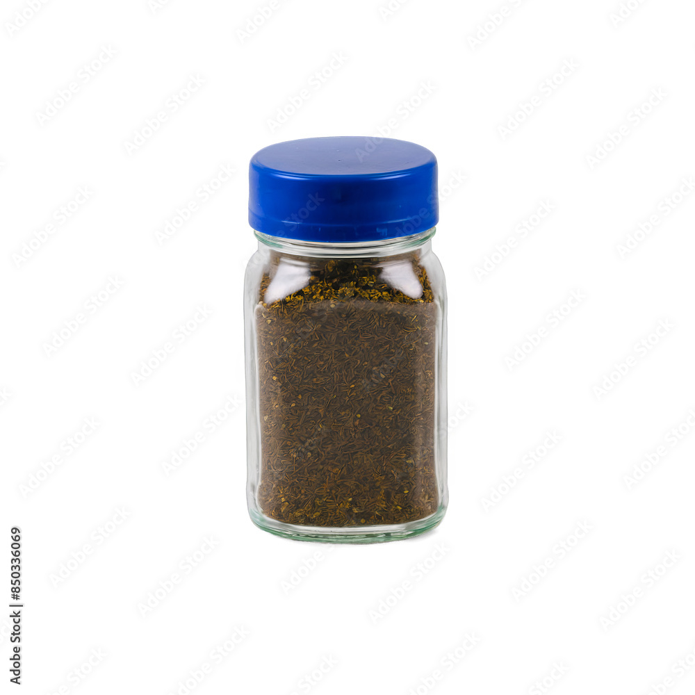 A transparent glass bottle filled with herb seasoning and topped with a blue cap on a white background, png format suitable for culinary themes A transparent glass bottle filled with herb seasoning and topped with a blue cap on a white background, png format suitable for culinary themes