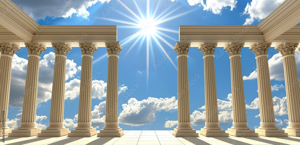 Fototapeta premium A row of pillars with Roman architectural buildings in the photo with a backdrop of blue sky and bright sunlight