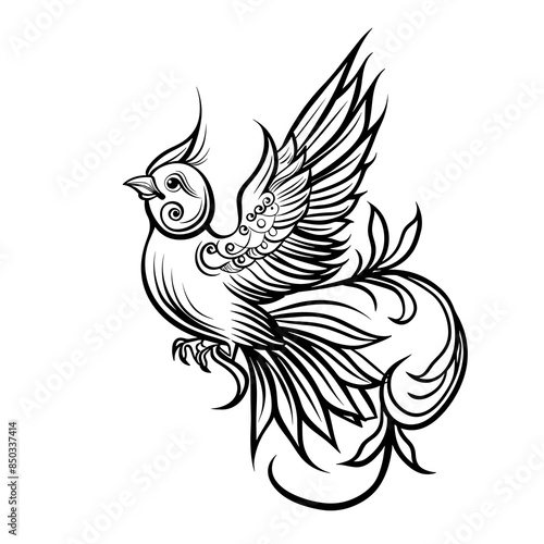 A bird with a black body and white wings. The bird is flying and has a black beak