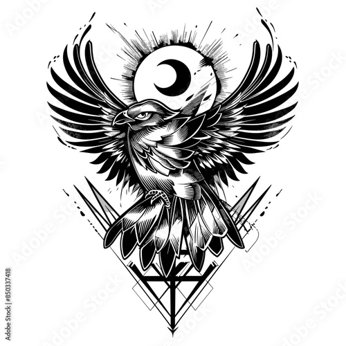 A black and white drawing of a bird with a moon in the background. The bird is looking at the camera with a fierce expression. The image has a mysterious and ominous mood