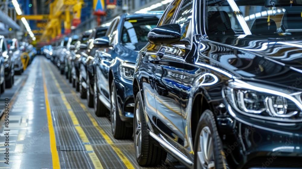 Fototapeta premium Photo of automobile production line. Welding car body. Modern car assembly plant. Auto industry. High-tech factory