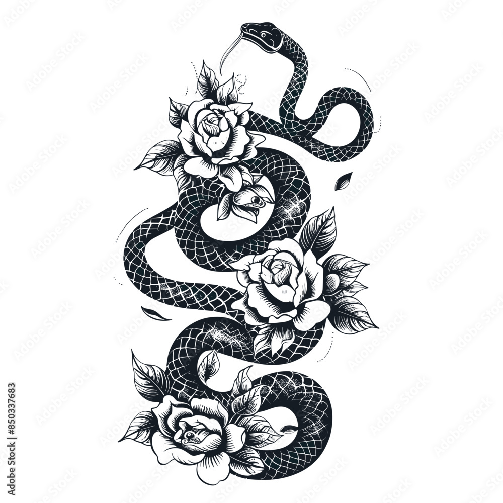 A black and white drawing of a snake with a flower in the background. Scene is serene and peaceful, as the snake A black and white drawing of a snake with a flower in the background. Scene is serene and peaceful, as the snake
