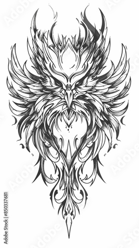 A black and white drawing of a bird with a large, menacing face. The bird is surrounded by flames, giving the impression of a fierce and powerful creature