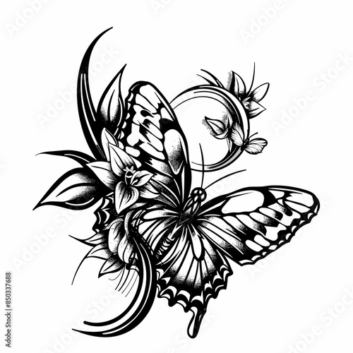 A black and white drawing of a butterfly with a flower in the background. The butterfly is the main focus of the image, and the flower is a smaller detail that adds to the overall composition