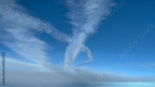 Aerial view of some white contrails crossing a blue sky shot from a jet flying bellow them.4K 60FPS photo