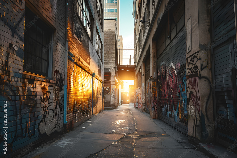 Fototapeta premium A dark alley with graffiti on the walls and a dark alley with a light on the wall, Holidaythemed backgrounds sun rising moring 