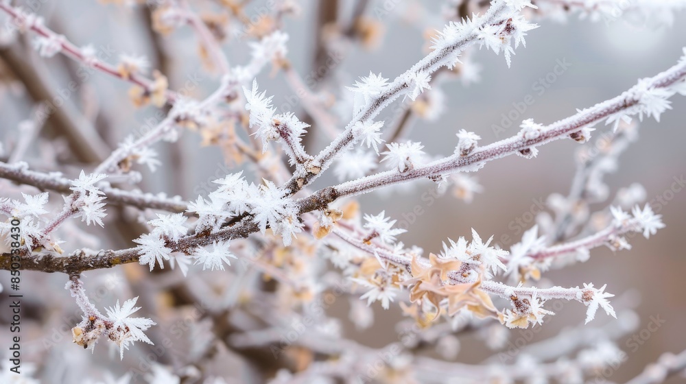 Frost-covered branches create a delicate and beautiful winter scene. The icy details and snow-covered twigs evoke the serene and cold atmosphere of a winter wonderland. Frost-covered branches create a delicate and beautiful winter scene. The icy details and snow-covered twigs evoke the serene and cold atmosphere of a winter wonderland.