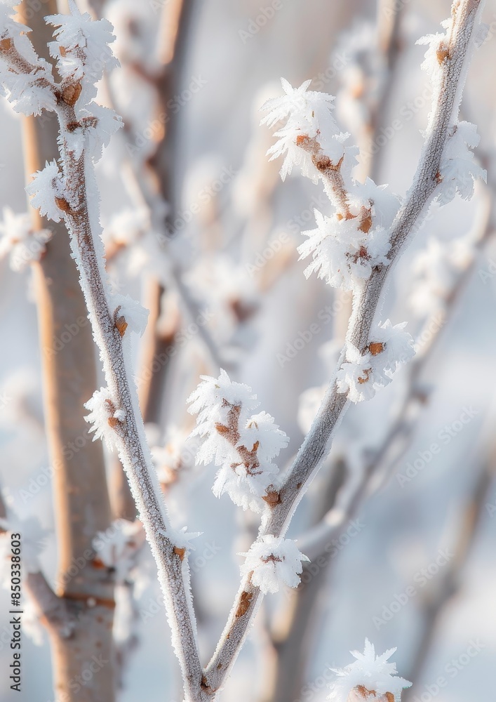 Close-up of frosty branches covered in ice crystals, creating a winter wonderland scene. Ideal for winter, nature, or cold weather themes. Close-up of frosty branches covered in ice crystals, creating a winter wonderland scene. Ideal for winter, nature, or cold weather themes.